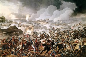 The British army commanded by the Duke of Wellington (1769 - 1852) won the Battle of Waterloo against the French troops of Napoleon I on 18/06/1815. Engraving of the period by Unknown artist