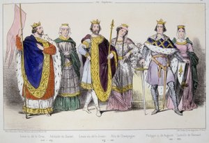 The Capetians. From Left to right: Louis VI called the Fat (1081 - 1137), Adelaide or Alix de Savoie (? -1154), Louis VII called the Young (1120 - 1180), Alix de Champagne (1140-1206), Philip II called Augustus (1165-1223) and Isabelle de Hainaut (1170-119