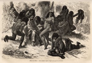 The Chunchos Indians assaulted the team of Marcoy in the Caravaya valley (Andes cordillera), but the latter had nothing to flee, the Indians had fun undressing the explorers and making them up with rockoo seeds. Engraving illustrating the journey by Unknown artist