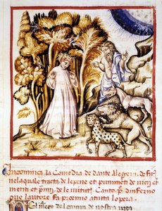 The Divine Comedy of Dante Alighieri. Miniature Depicting Dante, Virgil and the Three Beasts. 14th century manuscript, Municipal Bibl. of Rimini by Unknown artist
