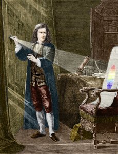 The English physicist Isaac Newton (1642-1727) decomposing light with a prism of glass. Engraving from 1880 by Unknown artist