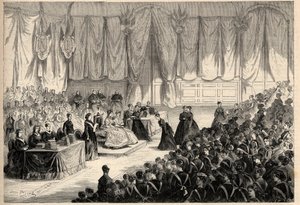 The Empress Eugenie de Montijo presiding over the distribution of prizes to the imperiale institution of the Legion of Honour in Saint Denis. Engraving in 