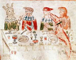 The King of the Francs Pepin III the Brief (714-768) and his son Charlemagne at a banquet from a 12th century manuscript. Venice. Biblioteca nazionale marciana by Unknown artist