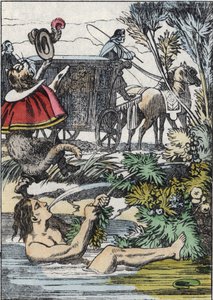 The Marquis de Carabas pretends to drown while the booted cat calls for help. Illustration of the tale 