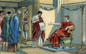 The Roman Emperor Constantine (272-337) established the first religious laws concerning the equality of beliefs. Chromolithography of the late 19th century. by Unknown artist