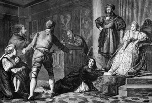 The accused Jew. Heresy in the 15th century: trial of a Jewish woman accused of witchcraft on a sick child. Engraving after Hogson