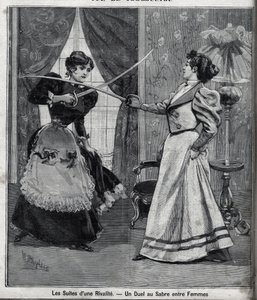 The aftermath of a rivalry: a sword duel between women. Engraving in Le Parisien
