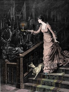 The armory haunted: a young woman descends the steps of a staircase and directs the candle she holds in her hand towards a set of armor. Illustration of the late 19th century by Unknown artist