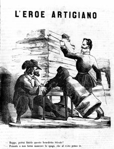 The artisan heroes Victor Emmanuel II - Joseph, when will you finish this boot? Garibaldi - Do not make me miss the thread, for the rest I take care of everything. Satirical engraving by Il Fischietto by Unknown artist
