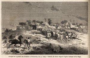 The attack on Sansandig by the army of King Ahmadou (Toucouleur), where fled Bambara took refuge. Engraving to illustrate the voyage to Western Sudan of Lieutenant (Navy) M.Mage, in 1863-1866, published in Le tour du monde, nouveau journal des voyages by Unknown artist