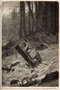 The author and his traveller, Mcdonald, descending the rapids on the Nittinaht River (Vancouver Island) on a makeshift raft. Engraving to illustrate the voyage and adventures in English Colombia, Vancouver Island and Alaska, by Frederick Whymper by Unknown artist