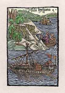The landing at Hispaniola by Christopher Columbus. Engraving from 