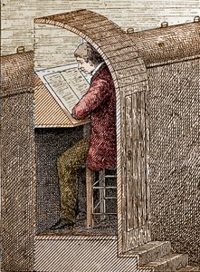 The blower in his hole. A theatre blower helps comedians remember their text when they