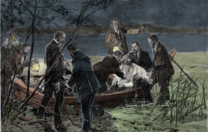 The body of Louis II of Bavaria finds drowned with Dr. Gudden in Lake Starnberg near Berg Castle in June 1886 (Engraving) by Unknown artist