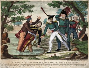 The body of Prince Joseph Antoni Poniatowski found in the Eelster River on 23 October 1813, engraving of the time by Unknown artist