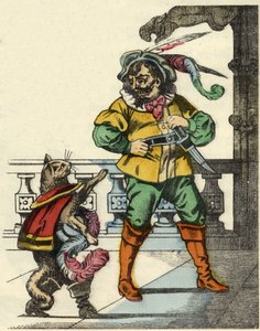 The boot cat meets the ogre. Illustration of the tale 