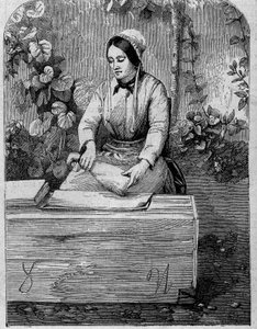The bottling of Champagne wine. Engraving from 1864