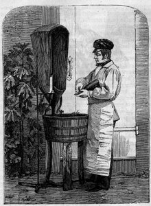The bottling of Champagne wine. Engraving from 1864 by Unknown artist
