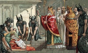 The burial of Charlemagne in 814 in the cathedral of Aachen in Germany. Chromolithography of the late 19th century. by Unknown artist