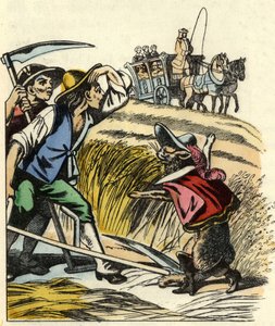The cat forces the peasants to say that the field in which they mow the wheat belongs to the Marquis de Carabas. Illustration of the tale 