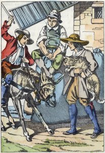 The children of the handler, who just died, share his property: donkey, mill and cat. Illustration of the tale 