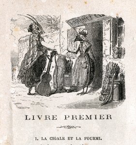 The cicada and the ant. Fable by La Fontaine. 19th century engraving by Unknown artist