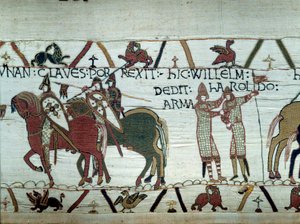 The conquest of Brittany by the Duke of Normandy William the Conqueror: on the left the duke receives the keys of the city of Dinan, on the right he makes a knight Harold, sent by the English king Edward the Confessor (detail of the tapestry) by Unknown artist