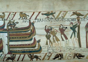 The conquest of England by the army of Duke of Normandy William the Conqueror (1027-1087): barely built ships are put to sea (detail) by Unknown artist