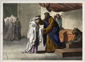 The coronation of Esther: Persian king Assuerus I (Xerxes I) crowns his wife Esther. Anonymous engraving of the 19th century