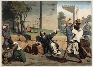 The death of Saint Stephen: Saint Stephen stoned by the Jews is considered the first Christian martyr (Anonymous engraving from the middle of the 19th century) by Unknown artist