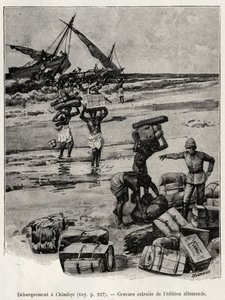 The debarkage at Chimbye of the Peters expedition. Engraving to illustrate the story Au secours d
