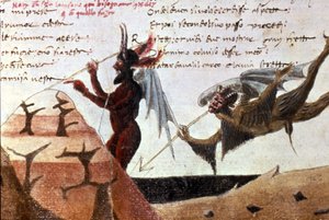 The devils in a circle of hell after a handwritten edition of the Divina Commedia (Divine Comedy) by Dante Alighieri (1265 - 1321) of the 14th century. Bibl.Trivulziana Milan