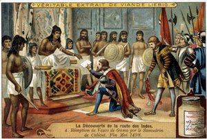The Discovery of the Route to the Indies: Reception of Vasco de Gama by the Samudrin of Calicut, End of May 1498 - Advertising Vignette Liebig by Unknown artist