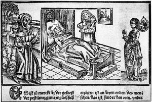 The doctor in bed of the pestiferé, wood engraving of the 