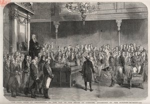 The duke of Wellington (Arthur Wellesley (1769-1852)) stands at the bar of the House of Commons to receive the congratulations of the Speaker on his victory at Vimeiro, Peninsular War by Unknown artist