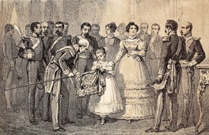 The future Queen of Spain Isabella II decorating the flag of the Spears of the Guard of the Order of Saint Ferdinand by Unknown artist