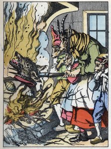 The goat kills the wolf in the chimney. Illustration of the tale 