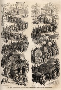 The grand procession of the Mikado (Emperor of Japan), at the dairi, the ancient imperial castle of Heian-kyo (present-day Kyoto) from 794 to 1869. Engraving to illustrate the voyage to Japan in 1863-1864, by Aime Humbert, minister of the Swiss Confederati by Unknown artist