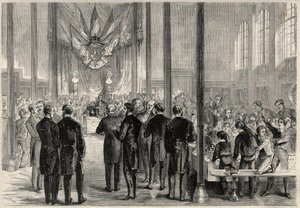 The imperial prince Eugene Louis Joseph (1856-1879) attending the banquet of the Saint Charlemagne in Paris, at the Lycee Bonaparte (then Lycee Condorcet). Engraving in 