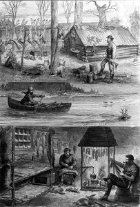 The life of trappers (professional hunters) in Canada: at the top, one of the trappers stands near his cabin, at the bottom, they work leather and extract the fur from the skin of the beets. Engraving of the 19th century