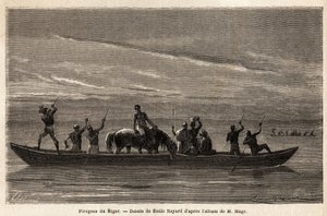 The long canoes of the Bambaras on the Niger River, maneuvered with long perches, can carry several people and even cattle or horses. Engraving to illustrate the voyage to Western Sudan of Lieutenant (Navy) M.Mage, in 1863-1866, published in Le tour du mo by Unknown artist