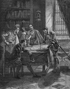 The Marechal of Vieilleville Planting His Dagger in a Patent by Which the King of France Henry II (1519-1559) Gave Him and the Five Lords Present in the Room the Right to the Confiscation of All Loan Sharks and Lutherians of Guienne, Limousin, Quercy and S by Unknown artist