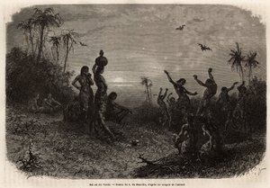 The moonlight ball, which closes the 18 year anniversary ceremony and the wedding of a young Indian man from Rio Verde (Brazil). Engraving to illustrate the voyage to New Granada, by Dr. Saffray, in 1869, published in “Le tour du monde” 1873, edited by Edo by Unknown artist