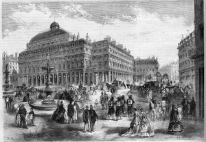 The new place of the French theatre (Comedie Francaise) with the fountains projected at the Palais Royal in Paris
