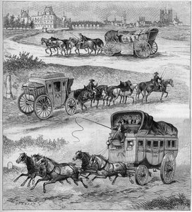 The old travel car, the 17th century travel coach, the 18th century travel coach and the diligence before the railways. Engraving in La nature from 1888 by Unknown artist