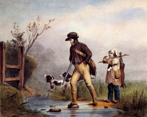 The passage has hunters crossing a watercourse on foot. Lithograph of the 19th century Gien, hunting museum by Unknown artist