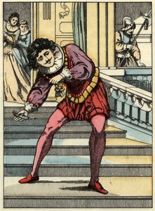 The prince picks up the glass shoe by Cinderella. Illustration of Charles Perrault