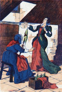 The princess pierces her hand and falls asleep. Anonymous illustration for 