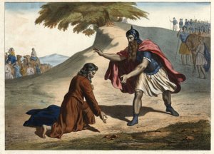 The return of Jacob and his meeting with Esau - Jacob returns to Canaan Land with his wives and children: he meets his brother Esau. Engraving of the half of the 19th century