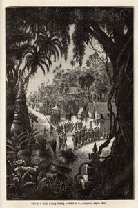 The season celebrations in Luang Prabang, royal capital of Lan Xang (kingdom of the million elephants) (present-day Laos), consisting of a procession of the inhabitants and a pagoda of worship throughout the city. Engraving to illustrate a voyage of explor by Unknown artist
